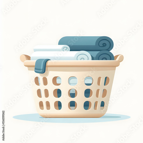 flat design of laundry basket with folded clothes, clean style, white background	