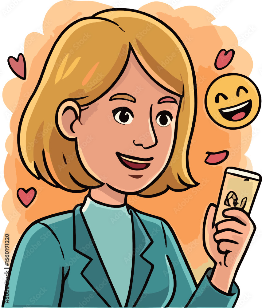 Fototapeta premium Happy Businesswoman Using Smartphone, Positive Emotions, Smiling Face
