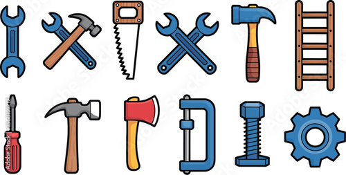 Vector illustration of construction tools set including hammer wrench saw axe and more for diy projects
