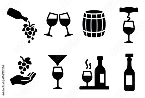 Wine solid icon set. bottles, glasses, grapes, barrel, corkscrew, wine icons collection
