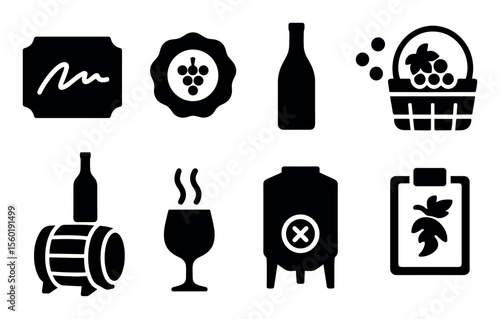 Wine making silhouette icon set. winery, vineyard, grapes, fermentation icons collection
