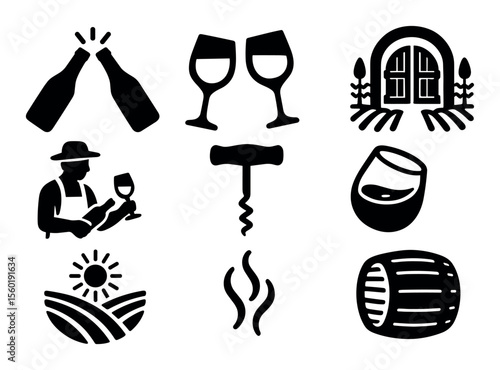 Wine silhouette icon set. vineyard, tasting, label, harvest, corkscrew silhouettes