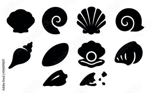 Sea shells silhouette icon set. ocean, marine life, seashells collection silhouettes