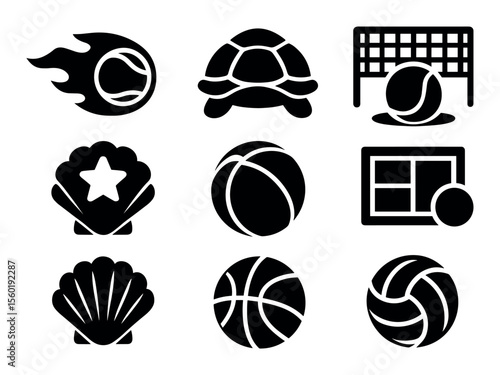 Sports and beach solid icon set. seashell, ball, turtle solid collection
