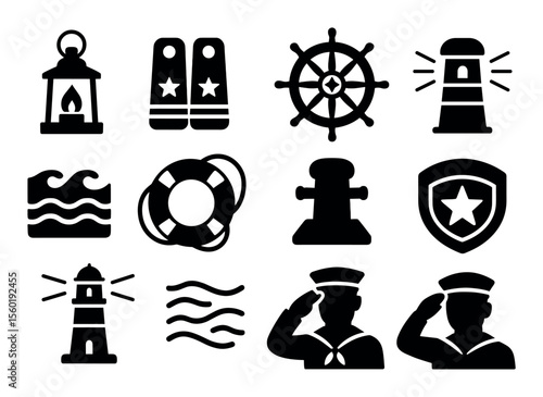 Nautical, marine solid icon set. lighthouse, sailor, waves solid collection