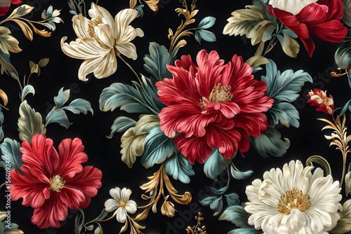 Intricately designed damask motif with classic floral and ornamental curves