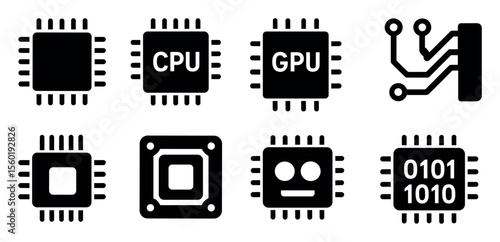 Computer hardware solid icon set. cpu, gpu, circuit icons for tech projects