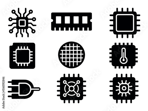 Technology solid icon set. microchip and processor icons in solid style