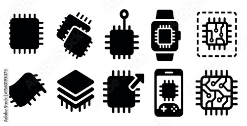 Technology silhouette icon set. microchip, circuit board, electronics silhouette icons