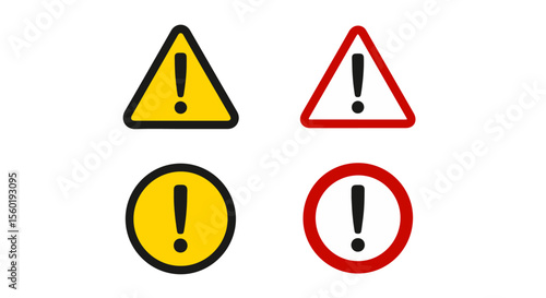 A set of four warning/exclamation mark symbols in triangles and circles (yellow/red), signifying caution, alerts, or errors.