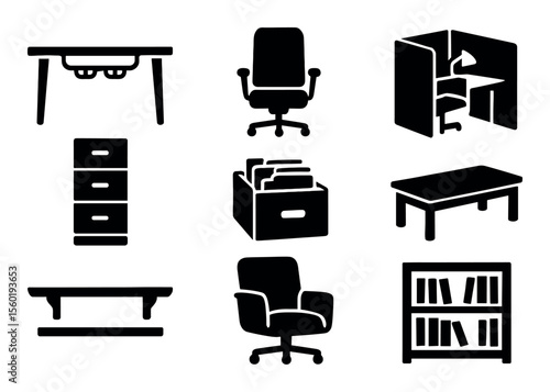 Office furniture solid icon set. desk, chair, cubicle icons for workplace organization