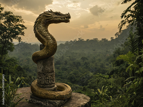 Golden Dragon Statue Overlooking Lush Green Jungle Landscape