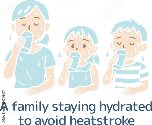 熱中症対策する家族のイラスト（主線なし）
Illustration of a family taking measures against heat stroke (no main lines)