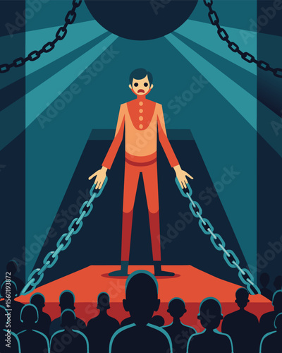 A person stood on stage their body adorned with chains as they performed in front of a crowd. Each link seemed to weigh them down embedded with words like not talented not. Vector illustration