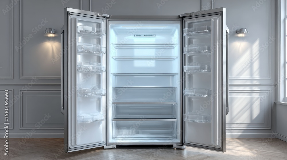Modern refrigerator, door open revealing clean empty shelves Modern refrigerator, door open revealing clean empty shelves
