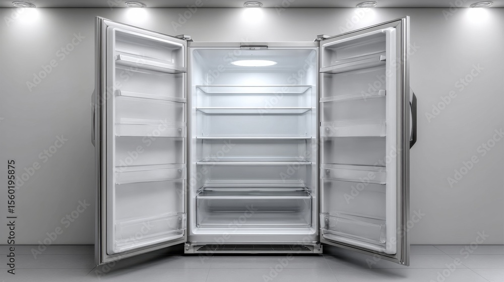 Open empty refrigerator with clean white interior, minimal background Open empty refrigerator with clean white interior, minimal background