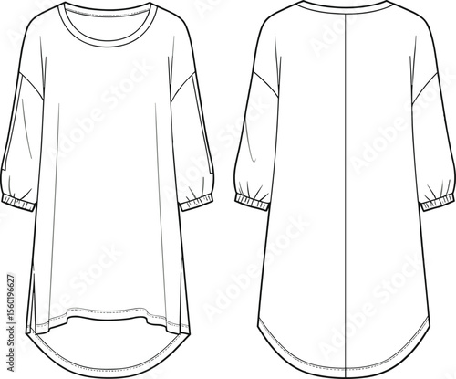 Flat vector illustration of oversized longline tunic top with 3/4 puff sleeves, scoop neck, technical fashion sketch, back and front view