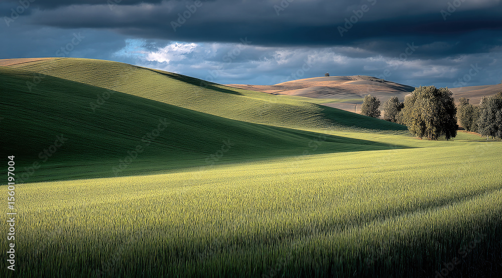 Fototapeta premium Rolling hills green field dramatic sky sunlight shadow landscape countryside nature rural peaceful