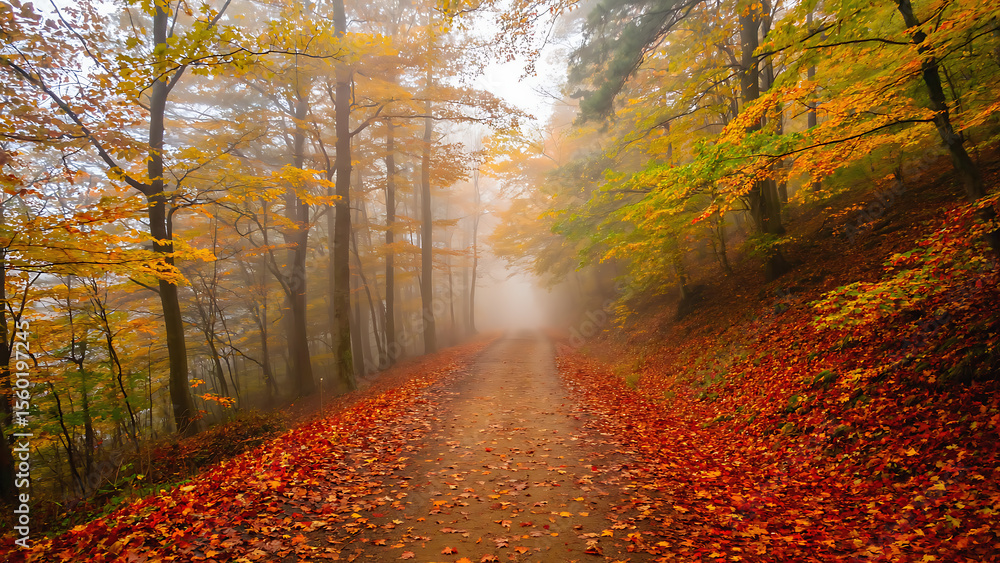 Naklejka premium Autumn forest path with vibrant foliage and misty atmosphere, creating a serene and picturesque scene.
