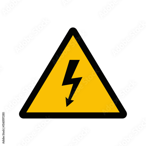 Yellow Electrical Hazard / High Voltage Warning Sign. Yellow triangular warning sign with a black lightning bolt, symbolizing electrical hazard, high voltage, or shock danger.