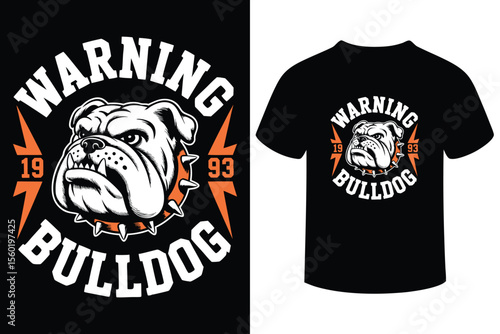 Aggressive bulldog face with spiked collar and lightning bolt accents warning bulldog design