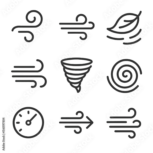 Wind Icons Collection. Outline style icons of Wind Conditions: wind swirl icon, blowing wind lines, leaf in wind, strong gust icon