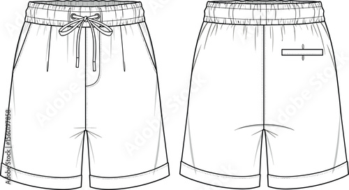 Casual elastic waist drawstring shorts front and back view, menswear technical flat, cuffed hem, pocket design, vector cad illustration