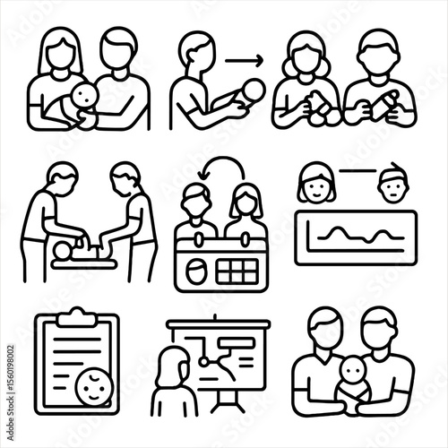 Parenting Teamwork Icons. Outline style icons of parenting teamwork: two parents with baby, baby handoff, shared feeding, diaper