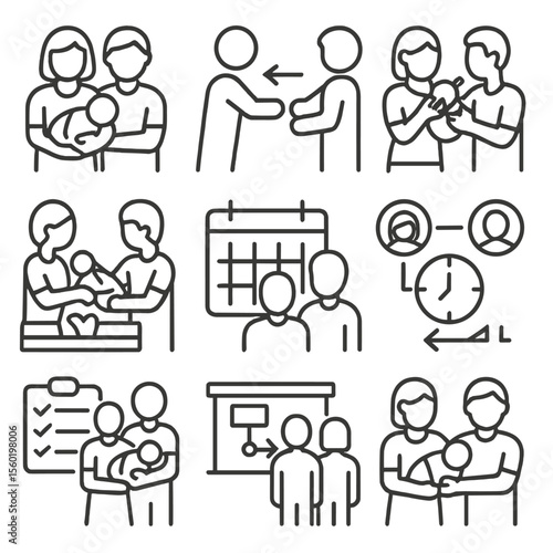 Parenting Teamwork Icons. Outline style icons of parenting teamwork: two parents with baby, baby handoff, shared feeding, diaper