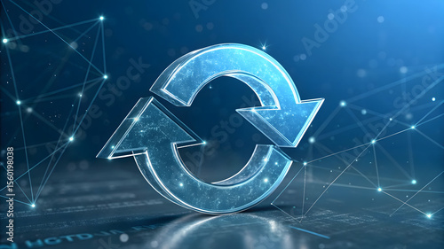 Futuristic blue refresh icon with glowing network connections and data background.