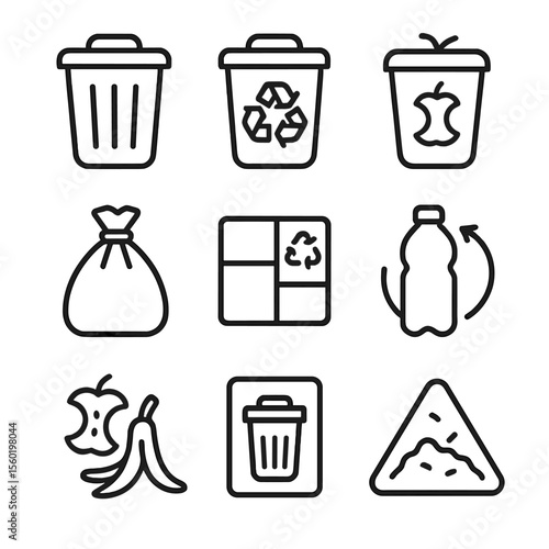 Recycling Icons Set. Outline style icons of recycling and waste: trash bin, recycling bin, compost bin, garbage bag, sorting icon,