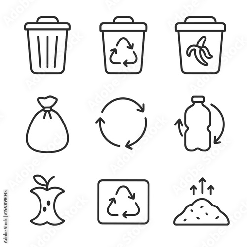 Recycling Icons Set. Outline style icons of recycling and waste: trash bin, recycling bin, compost bin, garbage bag, sorting icon,