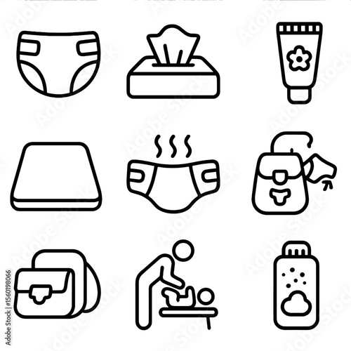 Diaper Changing Icons. Outline style icons of diaper changing routine: diaper icon, baby wipe, changing pad, rash cream, soiled