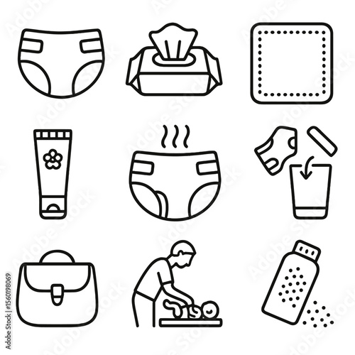 Diaper Changing Icons. Outline style icons of diaper changing routine: diaper icon, baby wipe, changing pad, rash cream, soiled