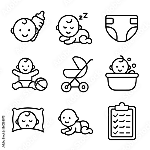 Baby Schedule Icons. Outline style icons of daily baby schedule: feeding icon, nap time, diaper change, playtime, walk outside,