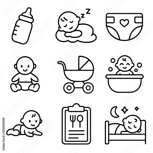 Baby Schedule Icons. Outline style icons of daily baby schedule: feeding icon, nap time, diaper change, playtime, walk outside,