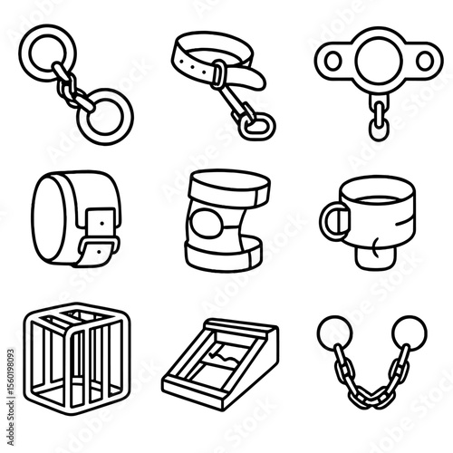 Mobility restraints icons. Outline style icons of torment implements mobility: leg chain, hobble strap, movement lock, ankle