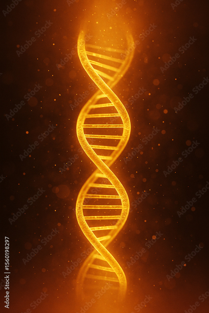 Obraz premium golden DNA double helix structure set against a dark, atmospheric background filled with soft floating particles.