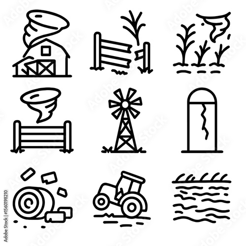 Tornado Rural Icons. Outline style icons of tornado rural impact: barn collapse, fence break, crop damage, livestock pen, windmill