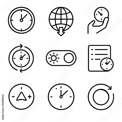 Time Zone Icons. Outline style icons of time zone settings: time adjust, zone selector, manual set, auto sync, daylight toggle,