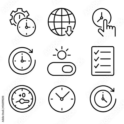 Time Zone Icons. Outline style icons of time zone settings: time adjust, zone selector, manual set, auto sync, daylight toggle,