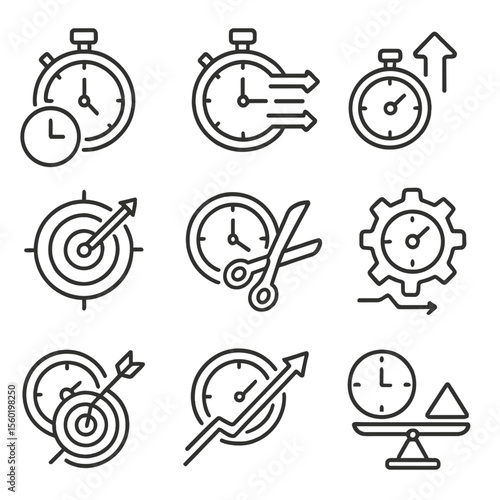 Time Optimization Icons. Outline style icons of time targeting optimization: time save, task streamline, efficiency boost,