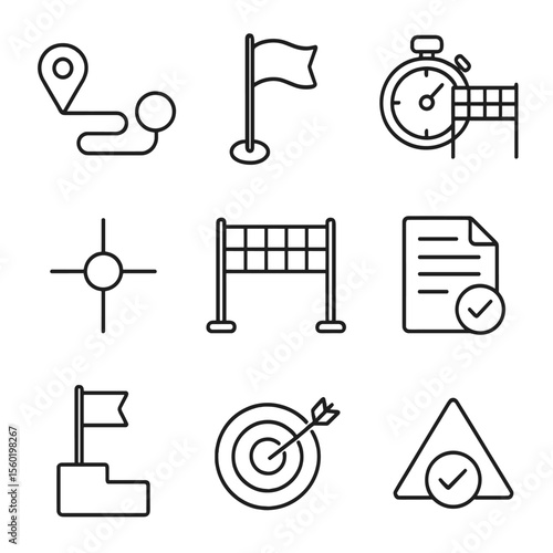 Outline Milestone Icons. Outline style icons of time targeting milestones: start point, checkpoint, midway mark, finish line,