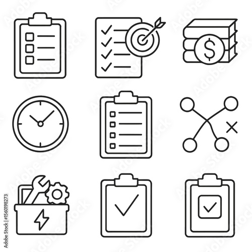 Time Management Icons. Outline style icons of time targeting preparation: planning sheet, goal list, resource stack, time estimate