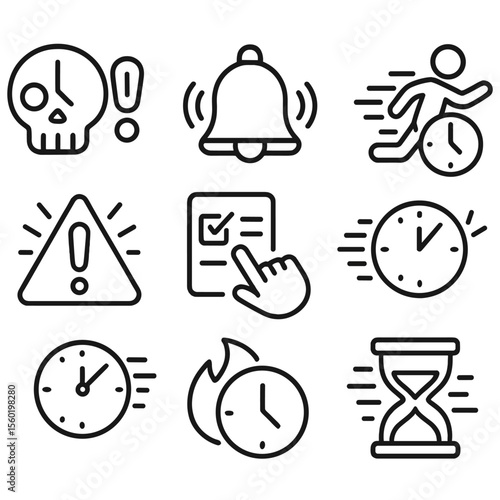 Urgency Icons Collection. Outline style icons of time targeting urgency: urgent clock, priority bell, deadline rush, time crunch,