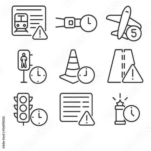 Transport Safety Icons. Outline style icons of Transportation Time and Safety: train schedule with alert, seatbelt with clock,