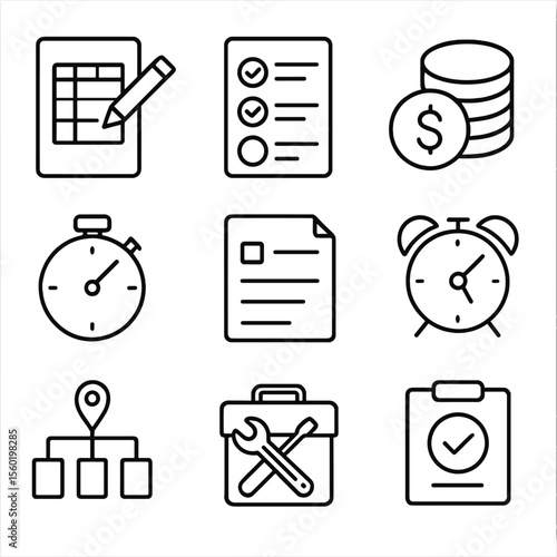 Time Management Icons. Outline style icons of time targeting preparation: planning sheet, goal list, resource stack, time estimate