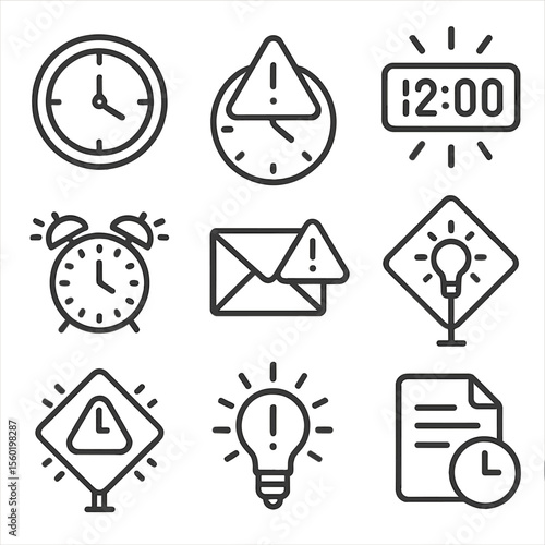 Time Warning Icons. Outline style icons of Time-Based Warnings: ticking clock, delayed warning icon, flashing red time, overrun