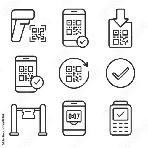 QR Ticket Icons. Outline style icons of QR Ticket Integration: code scanner, QR pass on screen, download icon, scan success check,