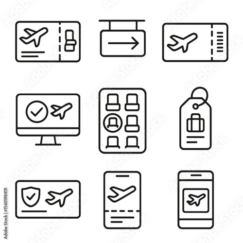 Airline Ticketing Icons. Outline style icons of Airline Ticketing: boarding pass with seat, airport gate sign, flight barcode,